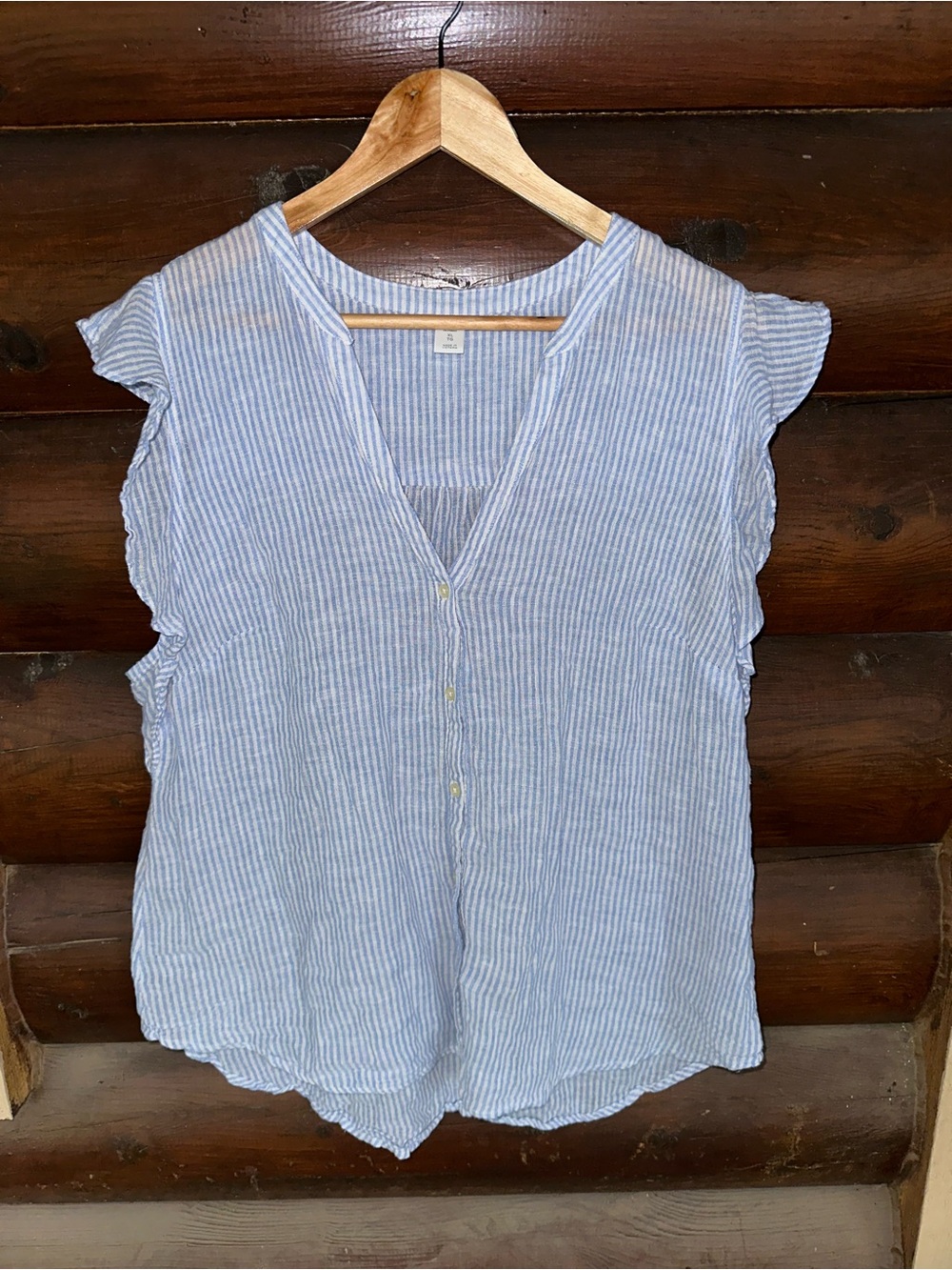 Blue & White stripe Cotton/linen blend V-Neck Blouse